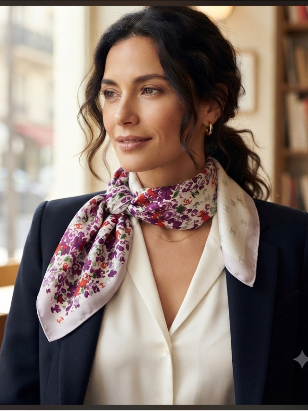 White Silk Scarf with Purple and Red Floral Border